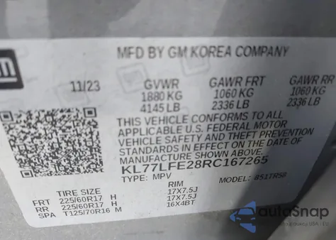 2024 Chevrolet Trax Fwd Sp z USA, uszkodzony, nr VIN KL77LFE28RC167265